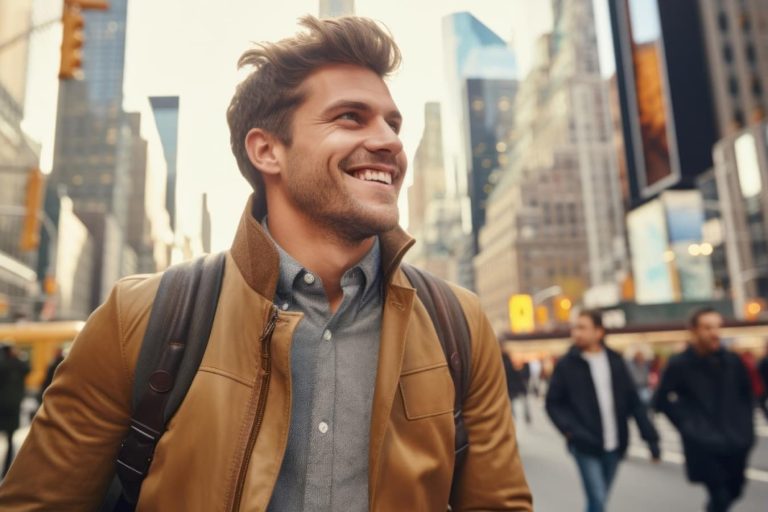 Man in city smiling